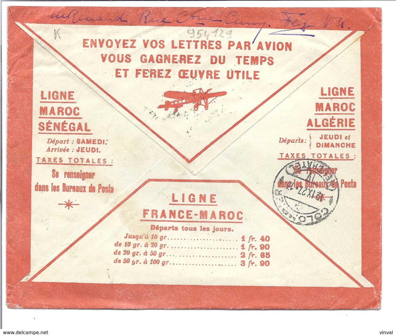 MAROC Par Avion 1927 Casa-Toulouse Le 8.9.27 Arrivé à Colombier Suisse Le 12.9.27 . Avec Strip De 3 Timbres Attachés - Marokko (1956-...)