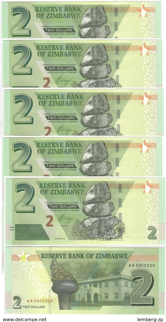 Zimbabwe - 5 Pcs X 2 Dollars 2018 ( 2019 ) Pick New UNC Lemberg-Zp - Zimbabwe