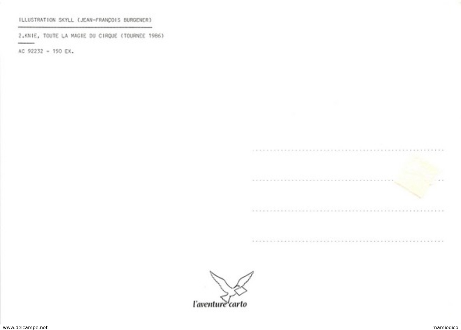 LE CIRQUE SUISSE "KNIE" 8 CP illustrées par SKYLL. Cartes neuves, état parfait. Scans rectos et versos