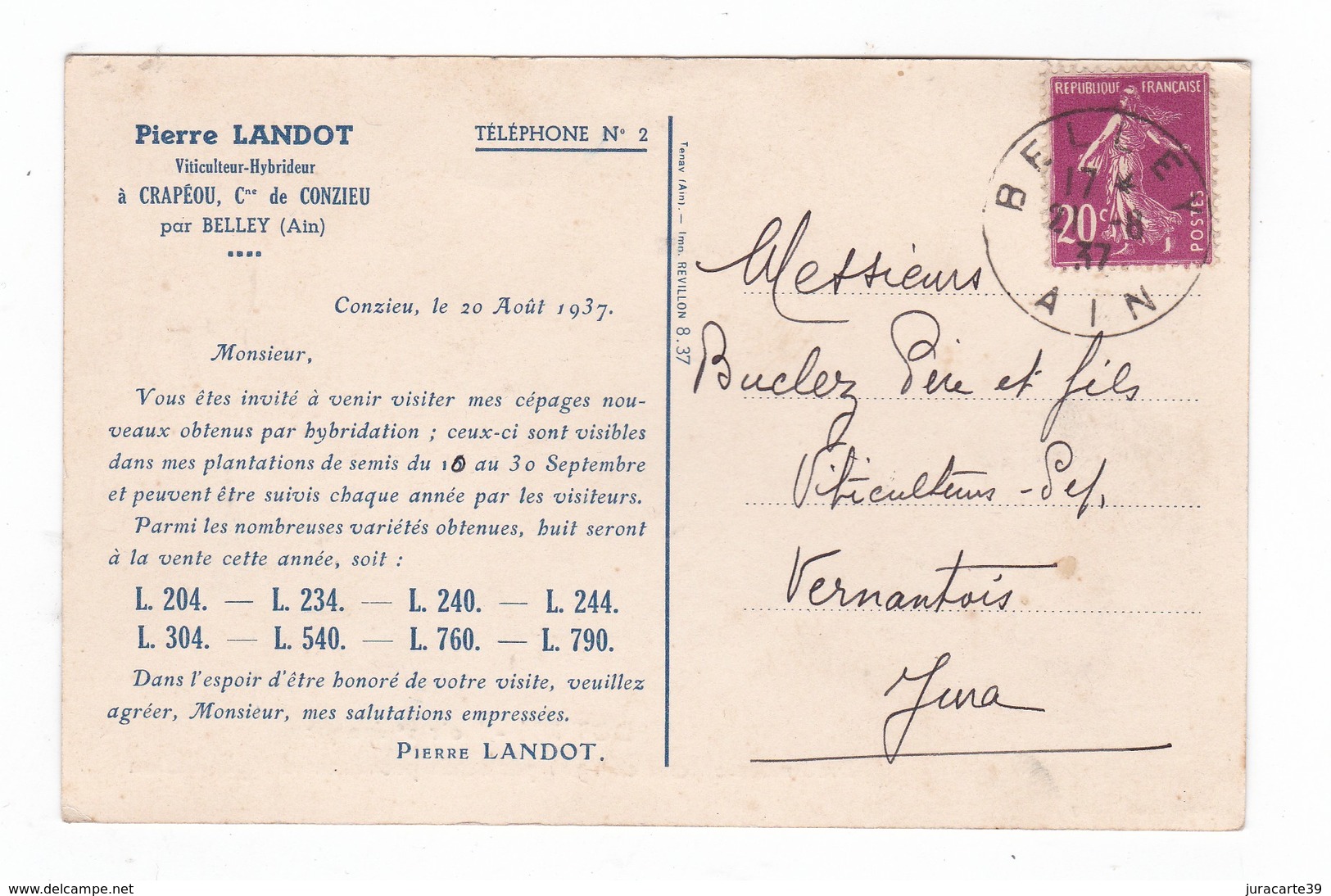 Landot 304.Noir 2e époque.Pierre Landot Viticulteur-Hybrideur à Crapéou,Commune De Conzieu Par Belley.1937 - Belley