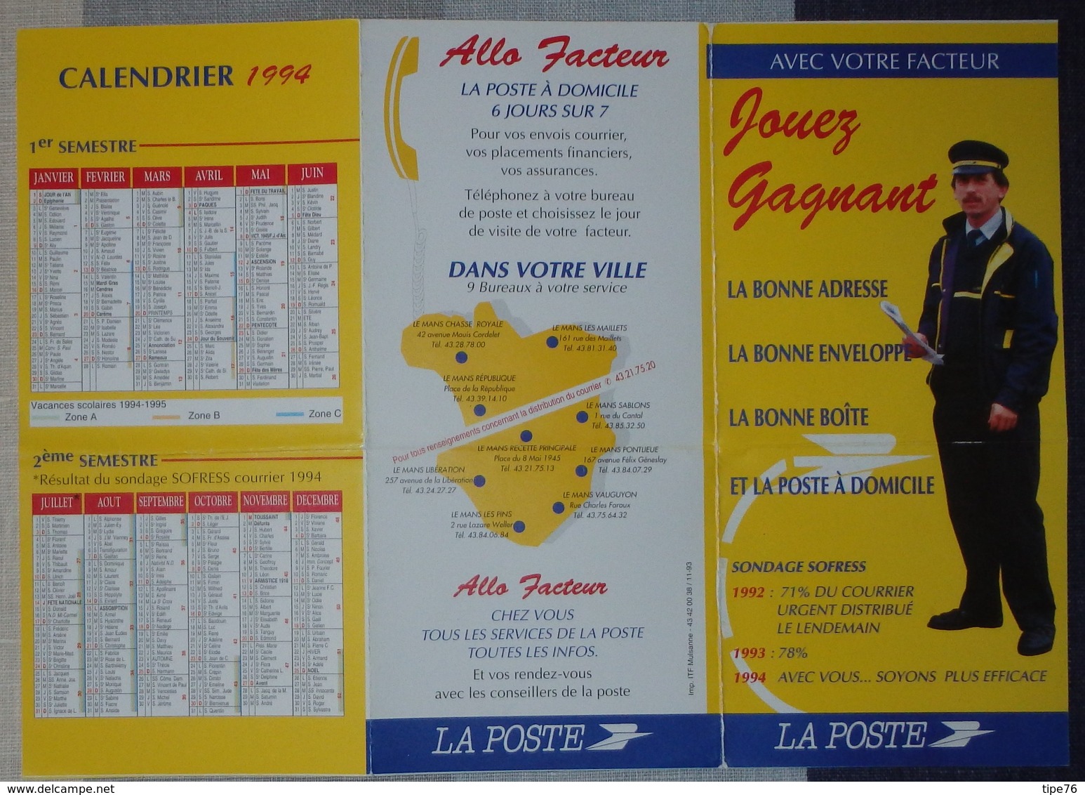 Calendrier Flyer  La Poste  3 Volets  - Avec Votre Facteur - Le Mans - Small : 1991-00