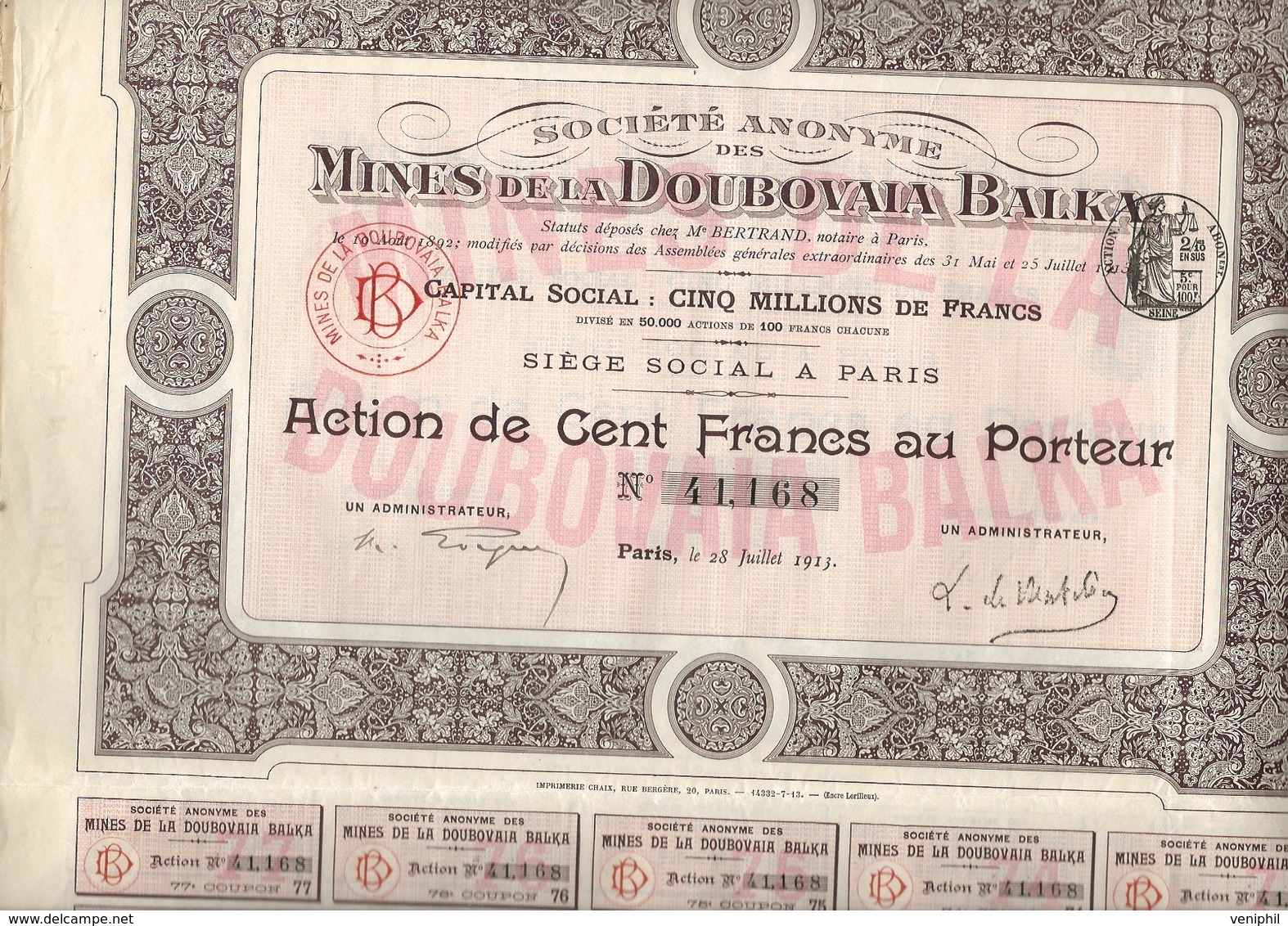 MINES DE LA DOUBOVAIA BALKA  -LOT DE 6 ACTIONS DE 100 FRS  - ANNEE 1913 - Bergbau