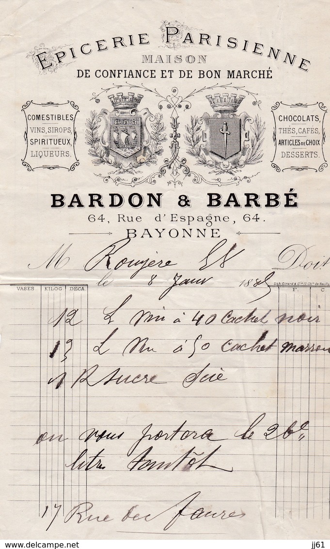 BAYONNE BARDON BARBE EPICERIE PARISIENNE SPIRITUEUX VINS SIROPS LIQUEURS ANNEE 1889 - Autres & Non Classés