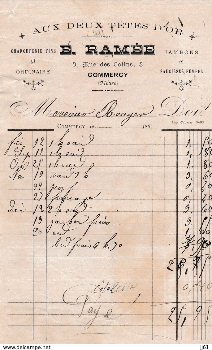 COMMERCY E RAMEE AUX DEUX TETES D OR CHARCUTERIE FINE JAMBON SAUCISSES FUMEES ANNEE 1890 - Autres & Non Classés