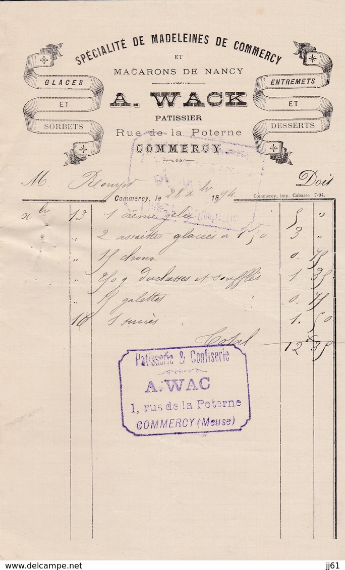 COMMERCY A WACK PATISSIER MACARON DE NANCY GLACES SORBETS AVEC CACHET ANNEE 1894 - Autres & Non Classés