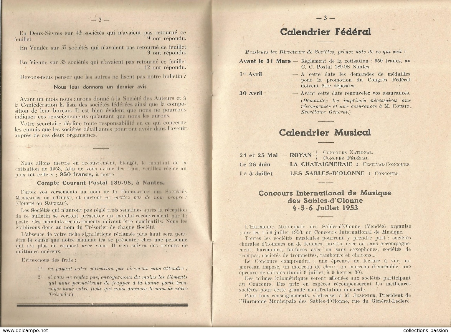 JC , Bulletin Trimestriel De La Fédération Des Sociétés Musicales De L'Ouest ,1953, 12 Pages , 3 Scans , Frais Fr 1.95 E - Musique