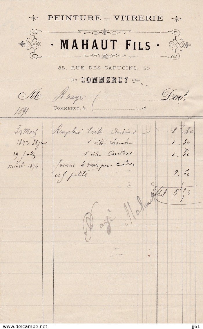 COMMERCY MAHAUT PEINTURE VITRERIE ANNEE 1892 - Autres & Non Classés