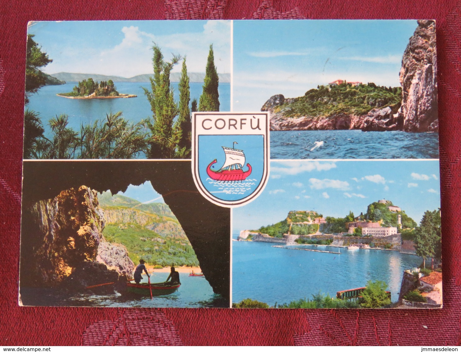 Greece 1982 Postcard "Corfu Arms Ship Multiview Cave" To England - Byzantine Book Illustration - Greece