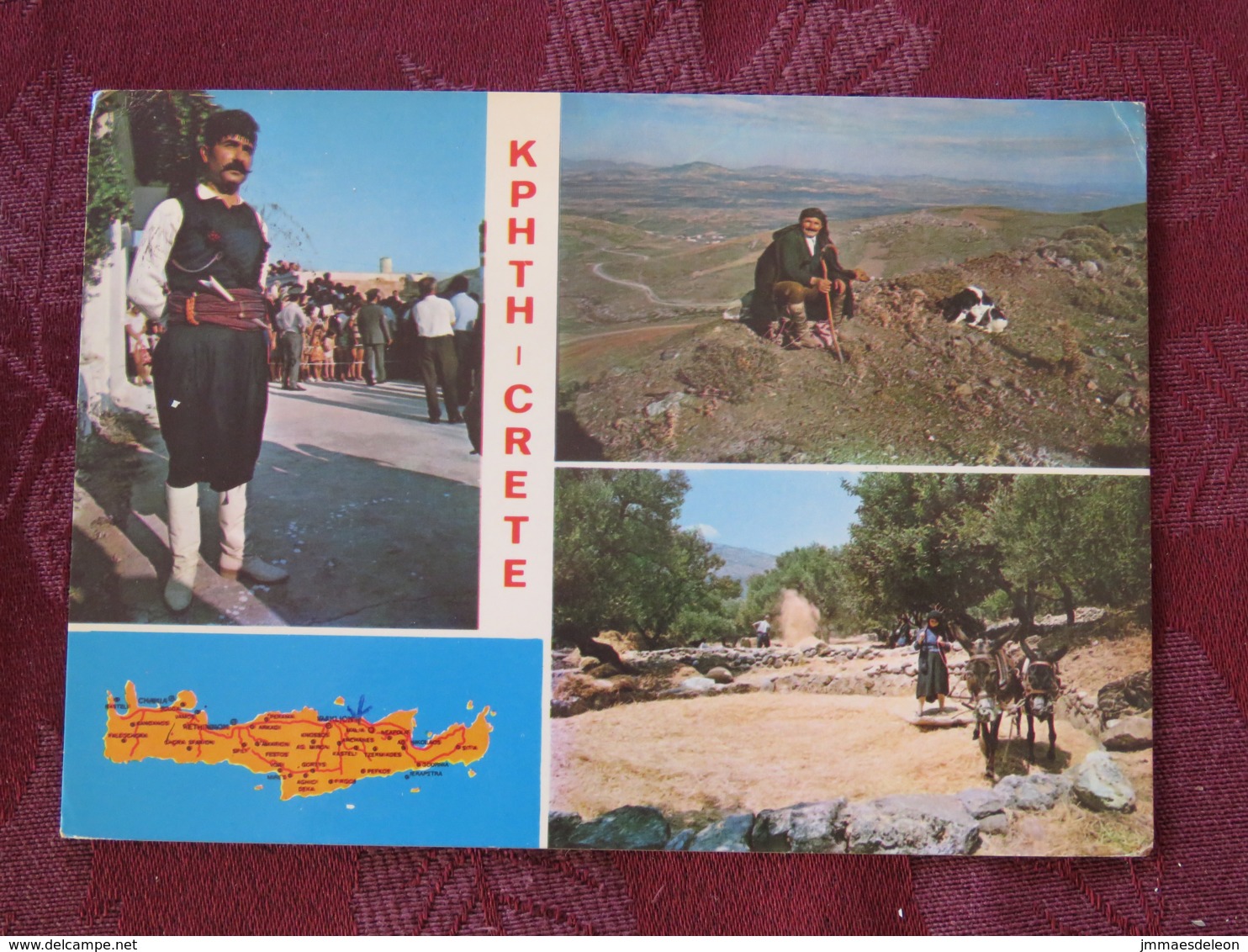 Greece 1982 Postcard "Crete Map Donkey People" To England - Byzantine Book Illustration - Greece