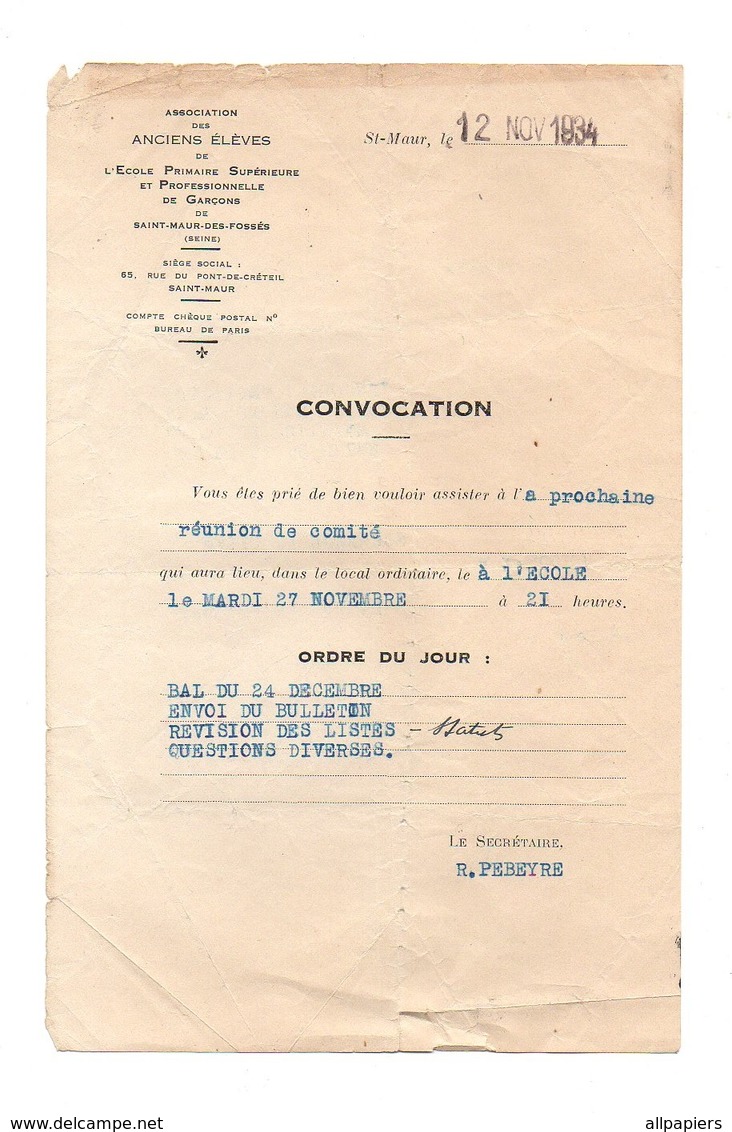 Convocation Réunion De Comité Association Des Anciens élèves Ecole Primaire Supérieur Et Professionnelle De Garçons 1934 - Diplômes & Bulletins Scolaires