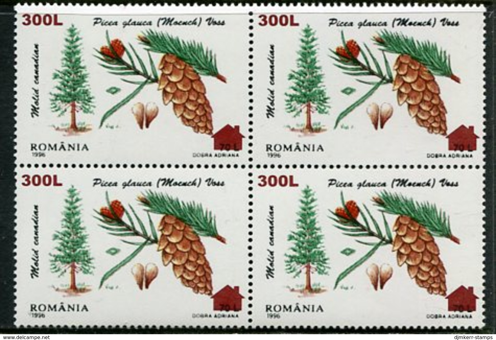 ROMANIA 2000 Surcharge 300 L. On Coniferous Trees 75 L. Block Of 4  MNH / **.  Michel 5523 - Ungebraucht