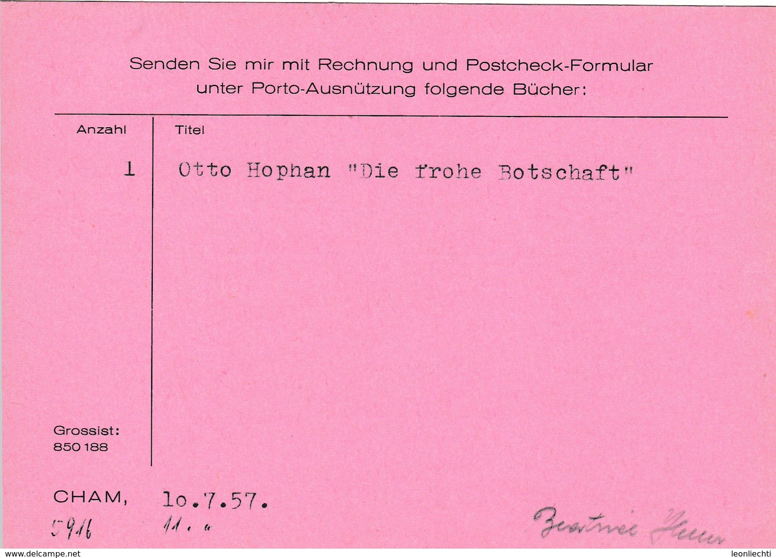 Bücherzettel: Heller - Buchhandlung - Verlag. Stempel: CHAM -Zugersee 11.7.1957 - Timbres D'automates