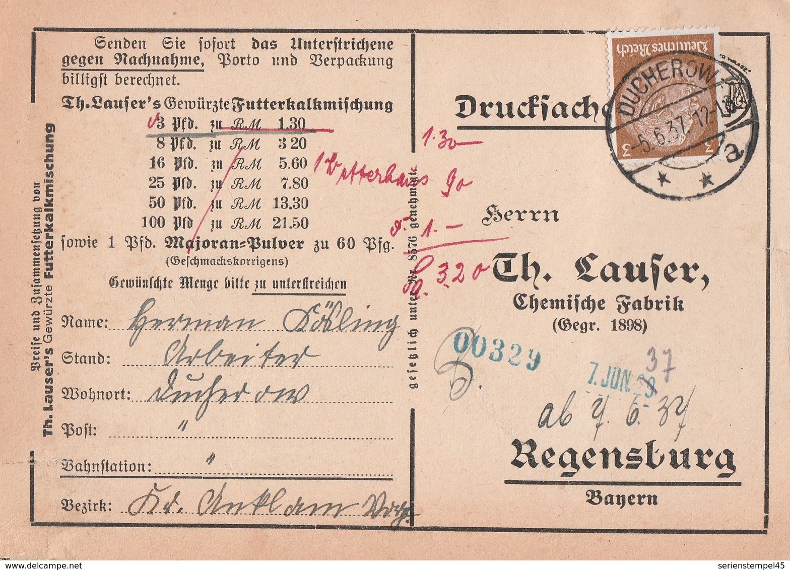 Deutsches Reich Karte Mit Tagesstempel Ducherow **a 1937 Lk Vorpommern - Greifswald - Briefe U. Dokumente