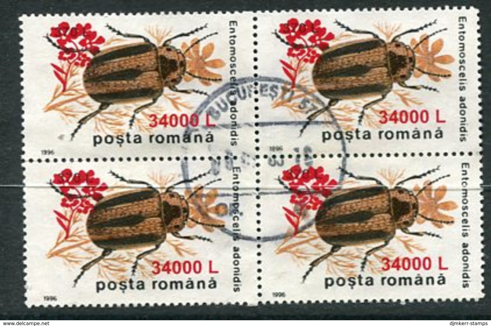 ROMANIA 2000 Surcharge 34000 L. On Insects 370 L.used Block Of 4  Michel 5498 - Usado