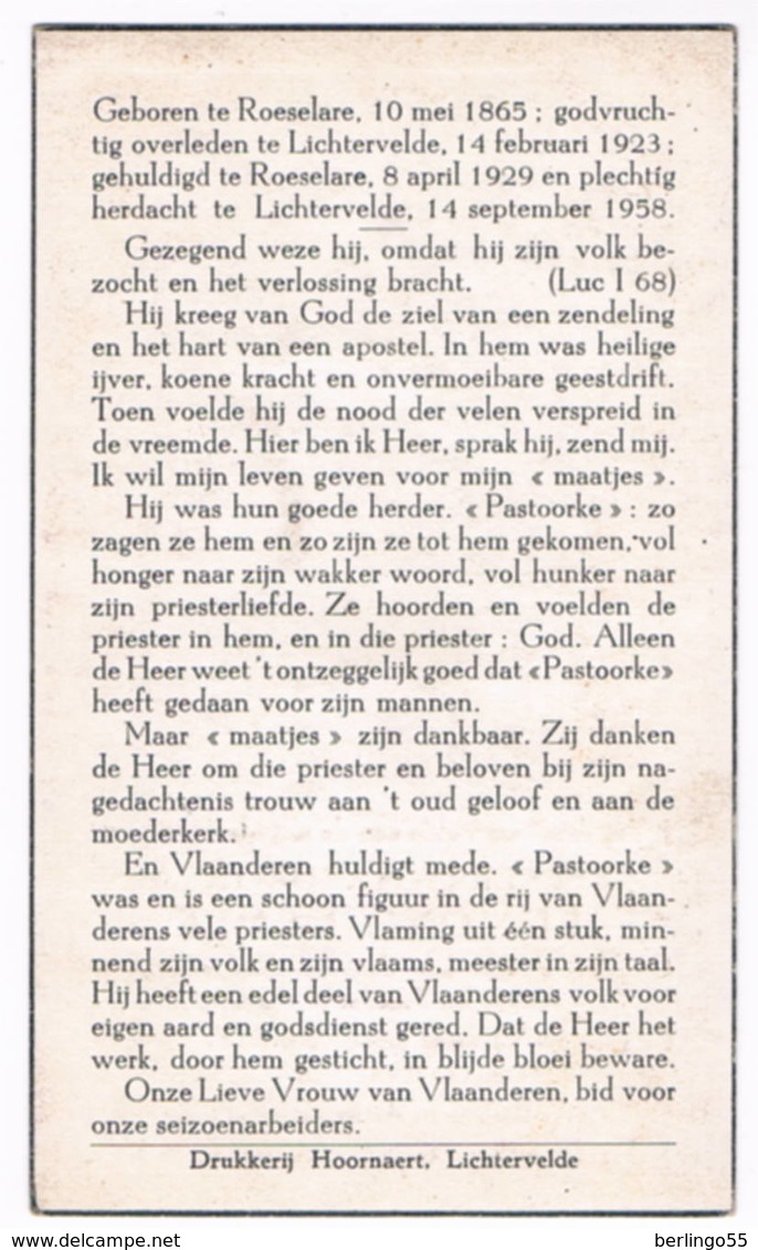 Dp. Pastoor. Denys Edmond. ° Roeselare 1865 † Lichtervelde 1929  (2 Scan's) - Religion &  Esoterik