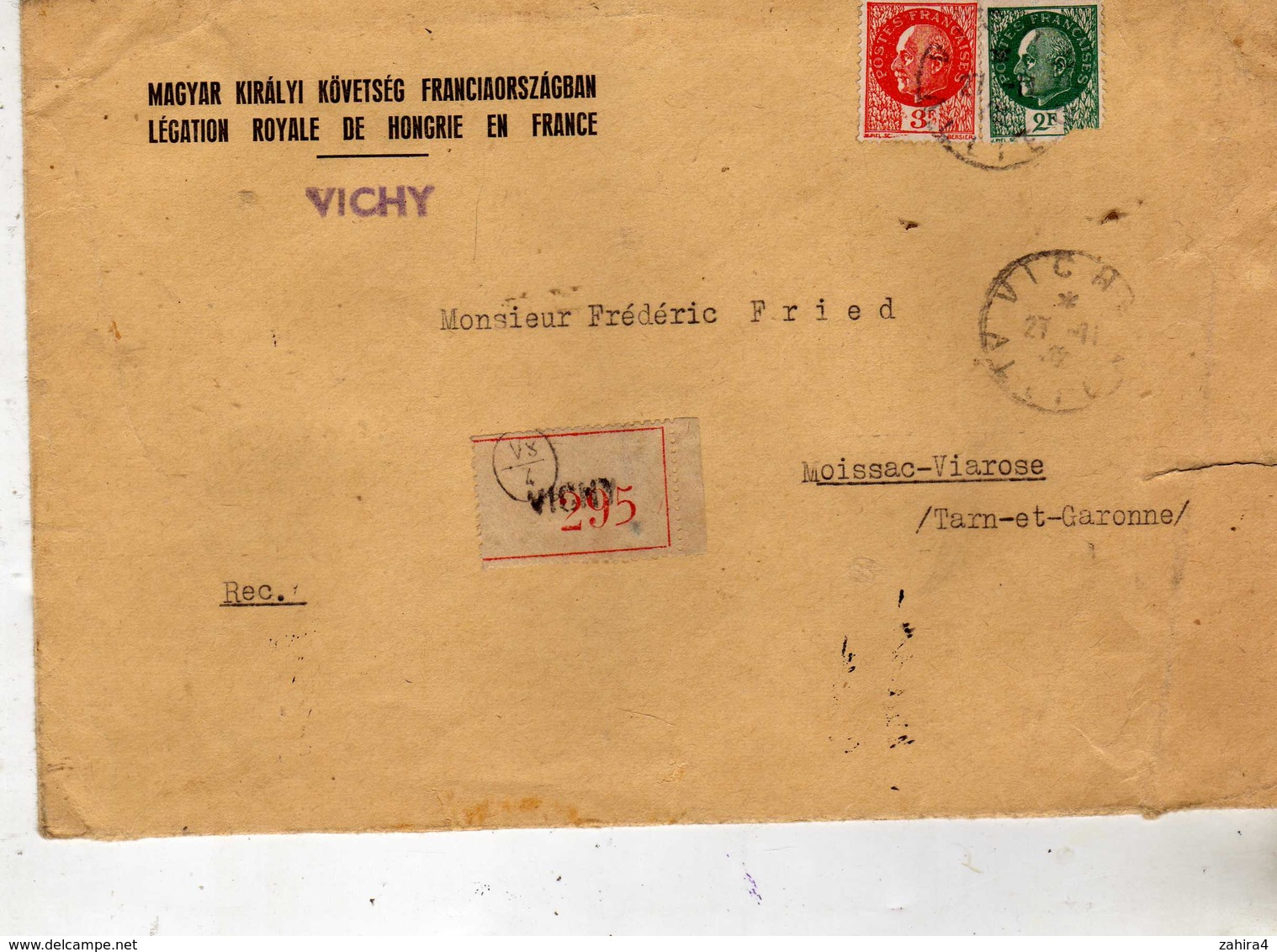 Temps De Guerre Légation Royale De Hongrie En France Vichy - V8/4 Vichy 295 Pétain De Vichy Allie Rà Moissac Tarn & Gne - Sonstige & Ohne Zuordnung