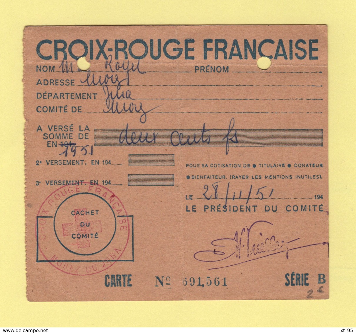 Carte Croix Rouge Francaise - Morez Du Jura - 1951 - Historical Documents