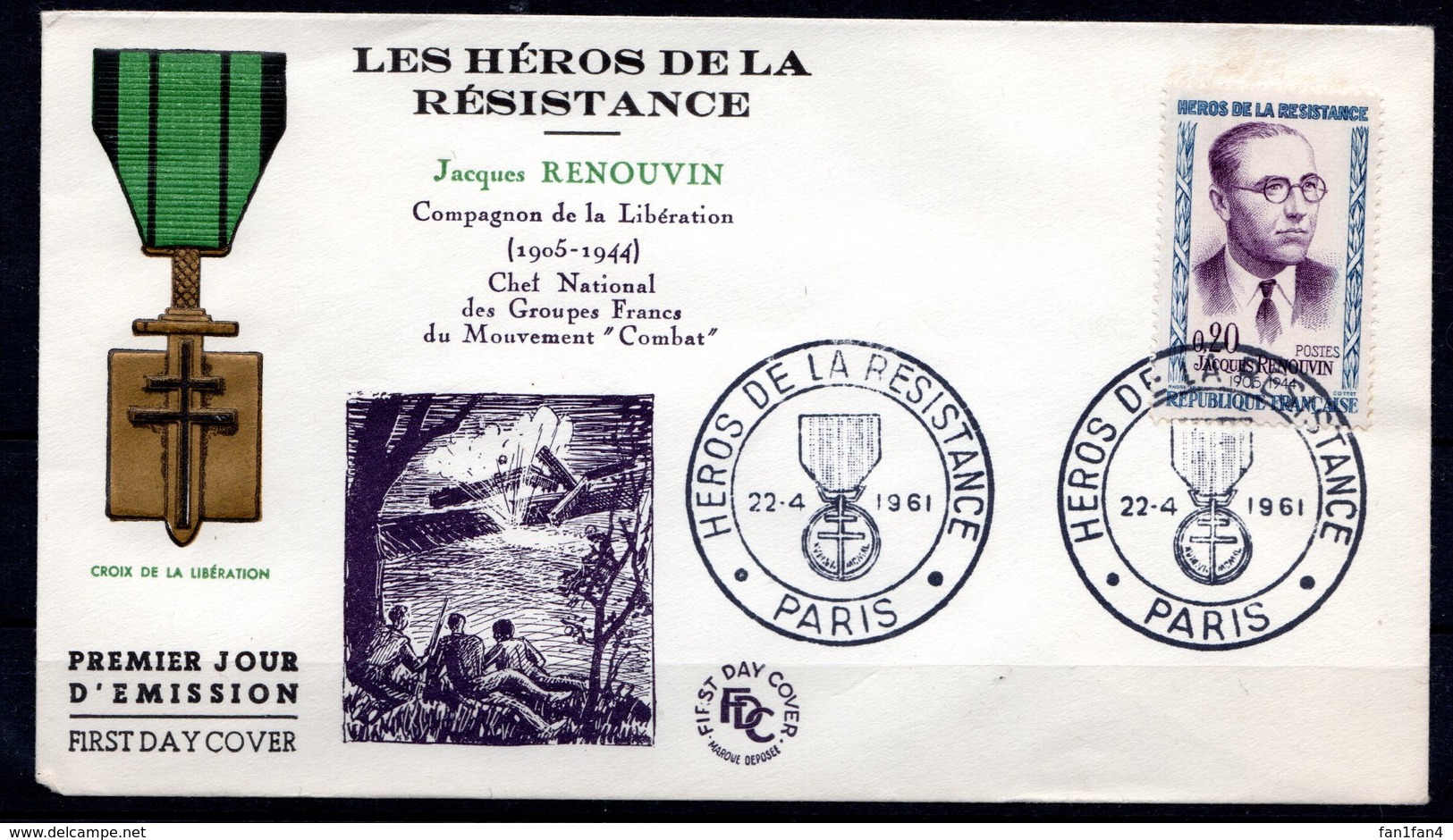 FDC FRANCE 1961 - N° 1288 - 20 C. Bleu Et Lilas - Héros De La Résistance - Jacques Renouvin - (GF : PARIS) - 1960-1969