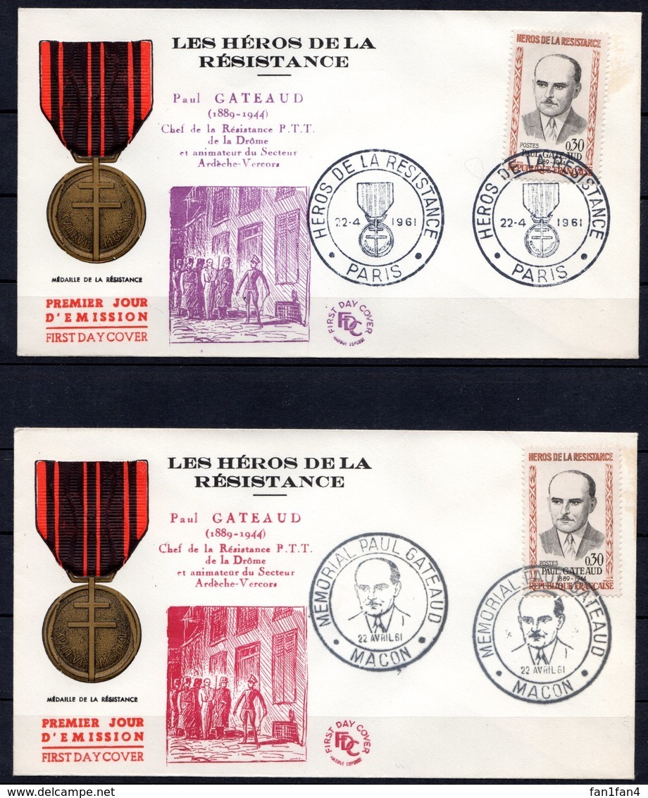 FDC FRANCE 1961 - N° 1290 - 30 C. Brun-orange Et Noir - Héros De La Résistance - Paul Gateaud - (GF : PARIS Et MACON) - 1960-1969