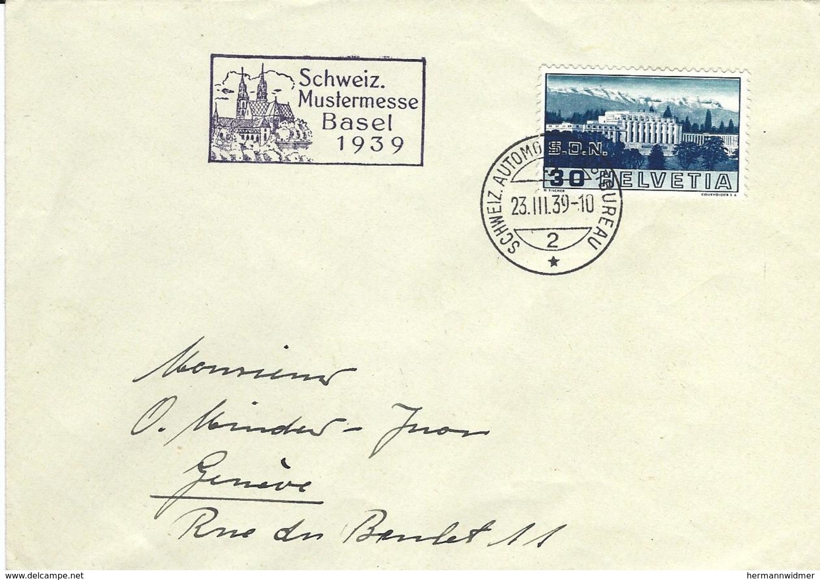 212, Bâtiment Société Des Nations, Palais SdN, Obl. Schweiz.Automobil-Postbureau 23.III.39 - Lettres & Documents