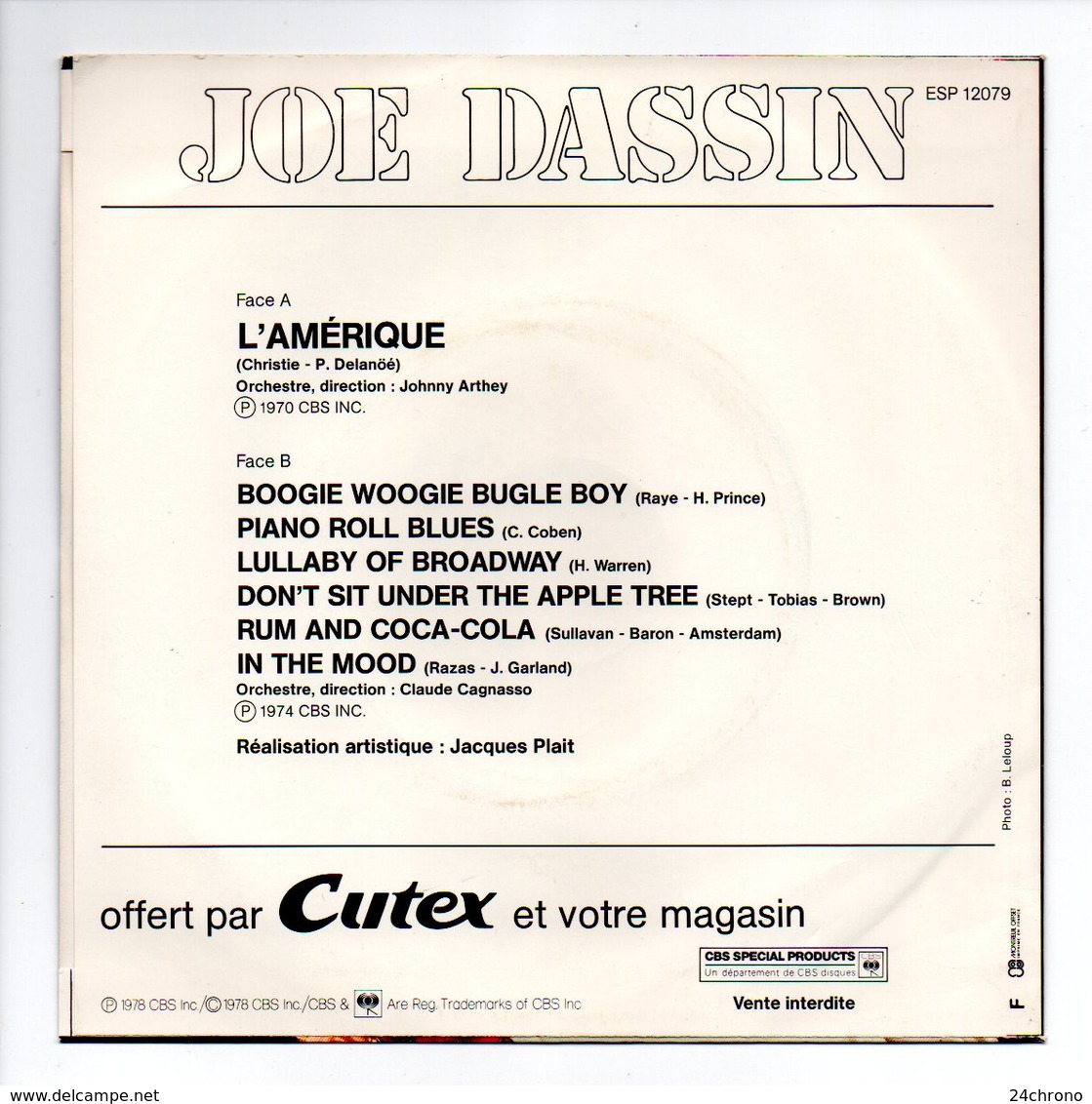 Vinyle 45 Tours RPM, CBS ESP 12079 1978: Joe Dassin, L'Amerique, Rum And Coca Cola..., Promo Publicitaire Cutex (20-358) - Country Et Folk