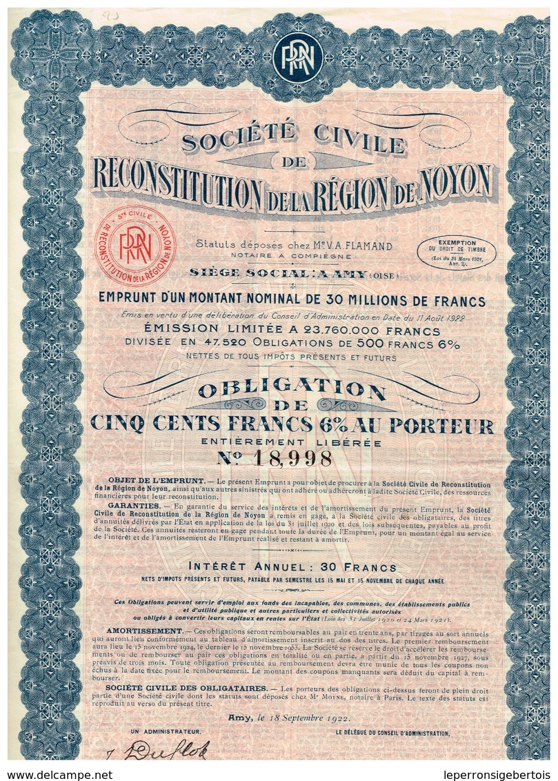 Titre Ancien - Société Civile De Reconstitution De La Région De Noyon - Obligation De 1922 - - M - O