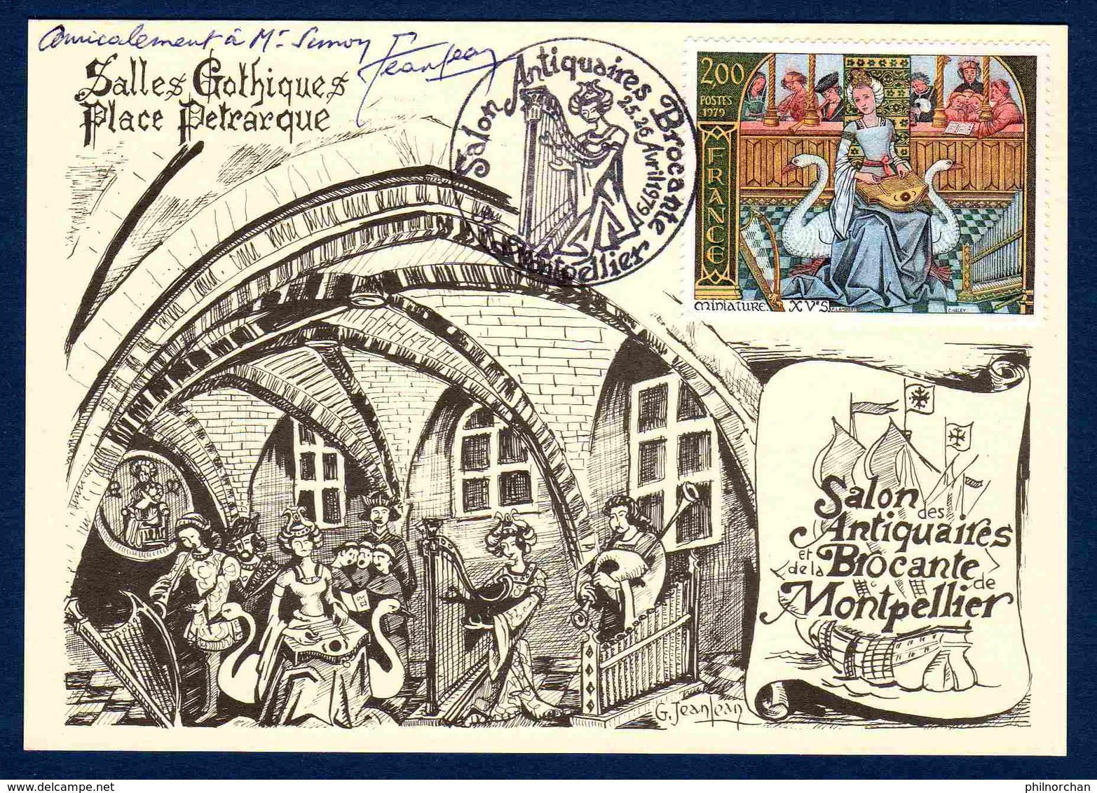 France Marcophilie 1979 Montpellier 25-26 Avril 1979 "Salon Antiquaires Brocante" Carte Signée Par L'artiste  TB  0,50 € - Cachets Commémoratifs