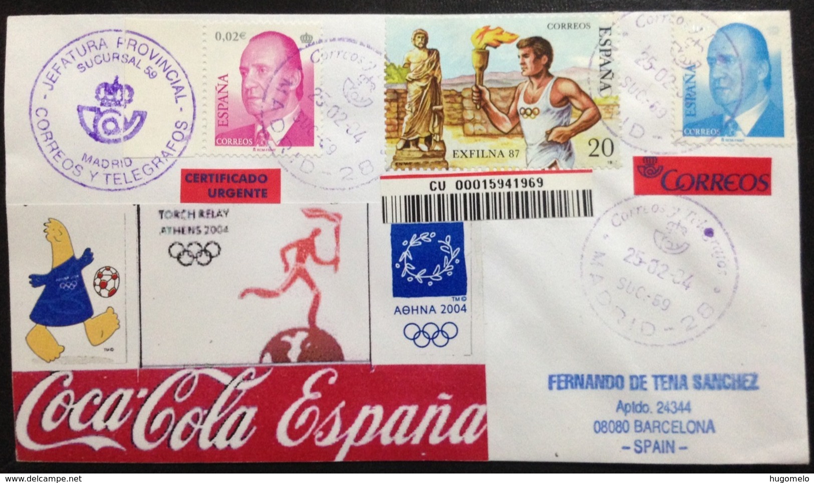 Spain, Registered Circulated Cover, "Olympic Athens 2004", "COCA COLA", "Torch Relay", 2004 - Sammlungen