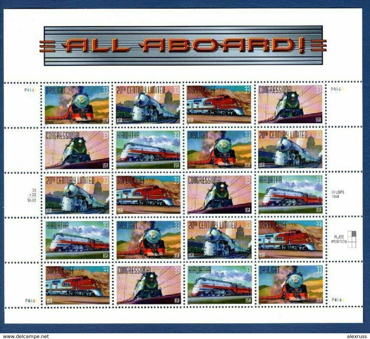 US 1999 Famous Trains ALL ABOARD Sheet 33c,Sc # 3337a, VF MNH** ,Labels On The Back !! - Feuilles Complètes