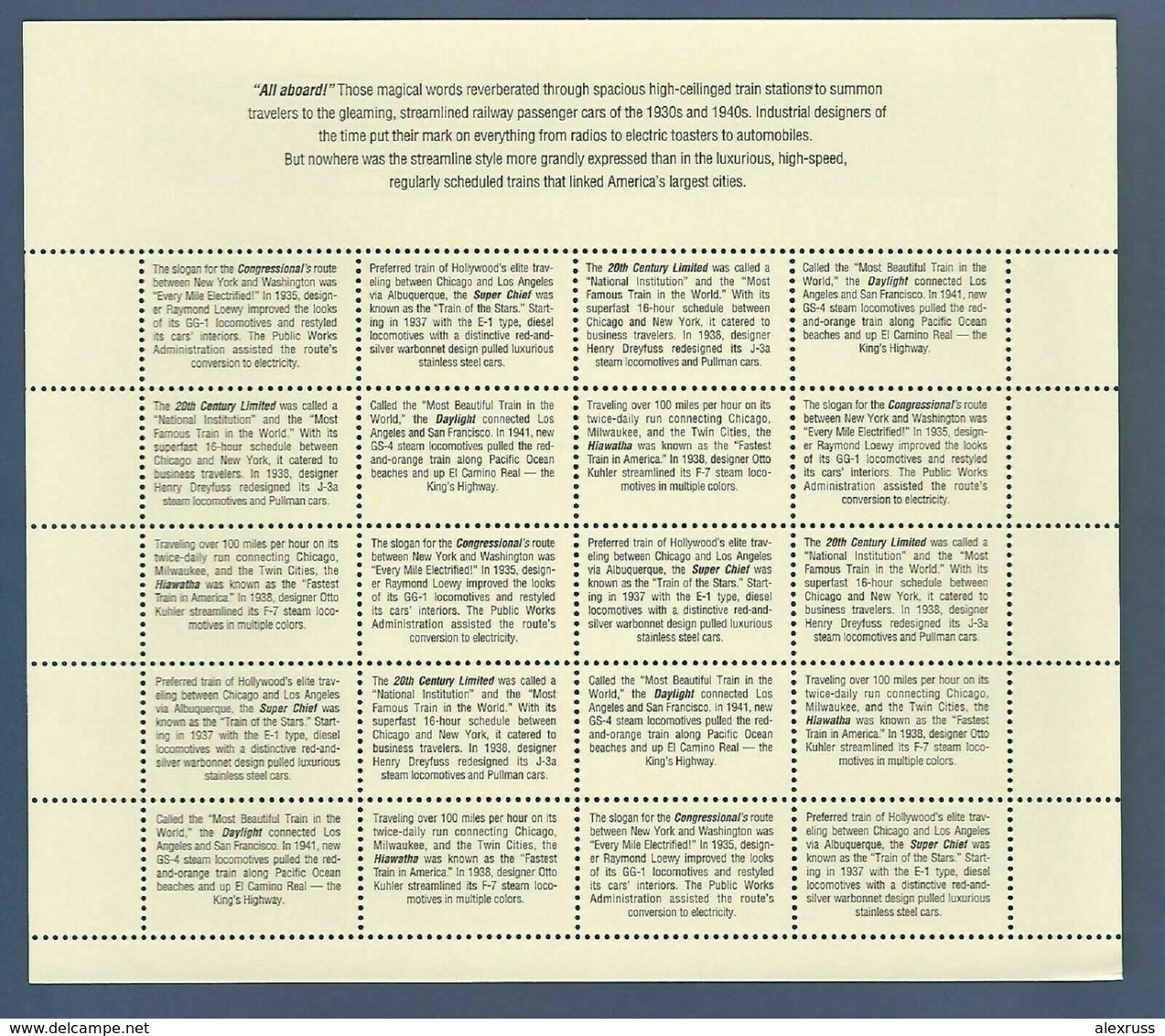 US 1999 Famous Trains ALL ABOARD Sheet 33c,Sc # 3337a, VF MNH** ,Labels On The Back !! - Trains