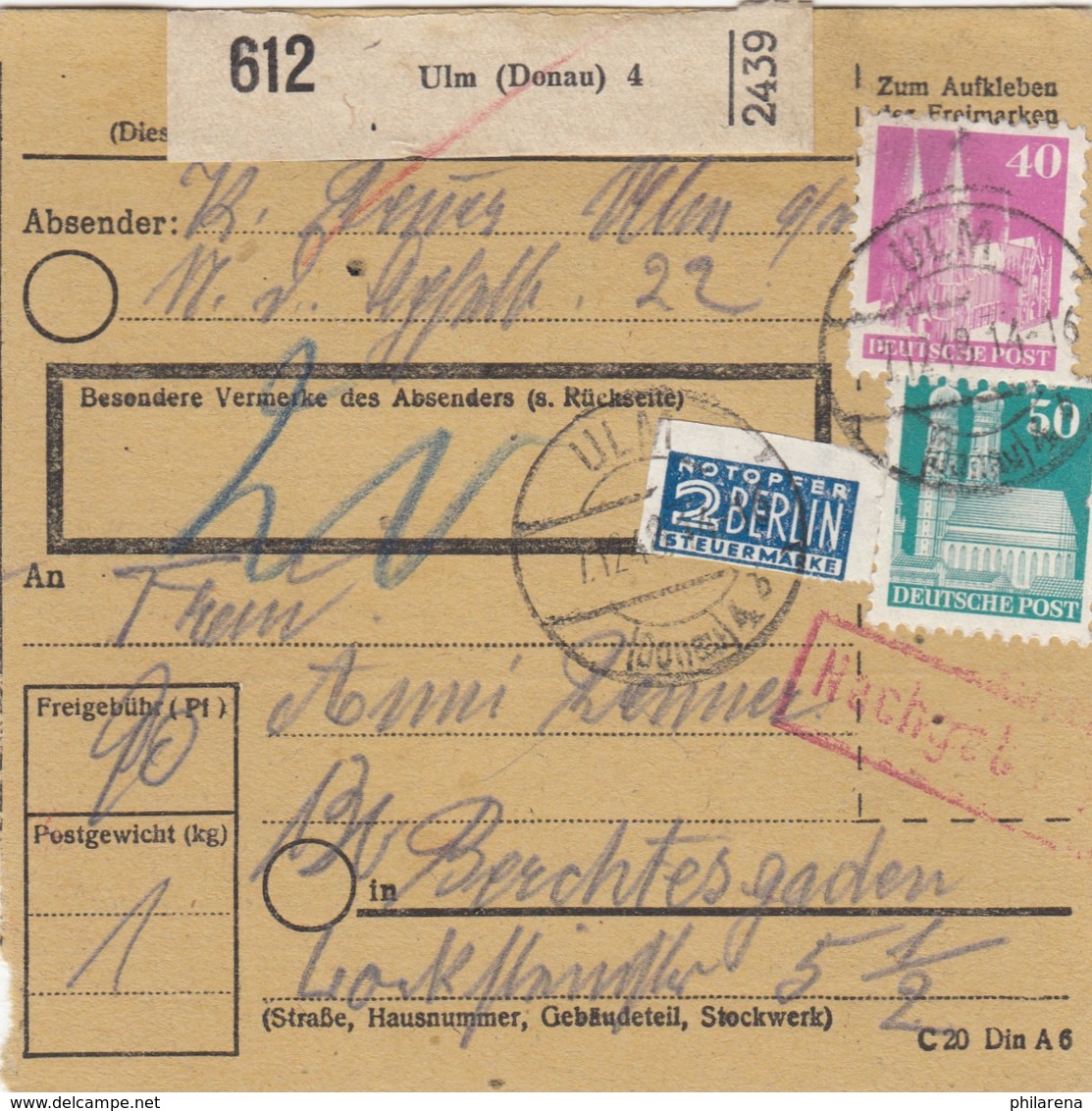 BiZone Paketkarte 1948: Ulm Donau Nach Berchtesgaden, Nachgebühr, Notopfer - Autres & Non Classés