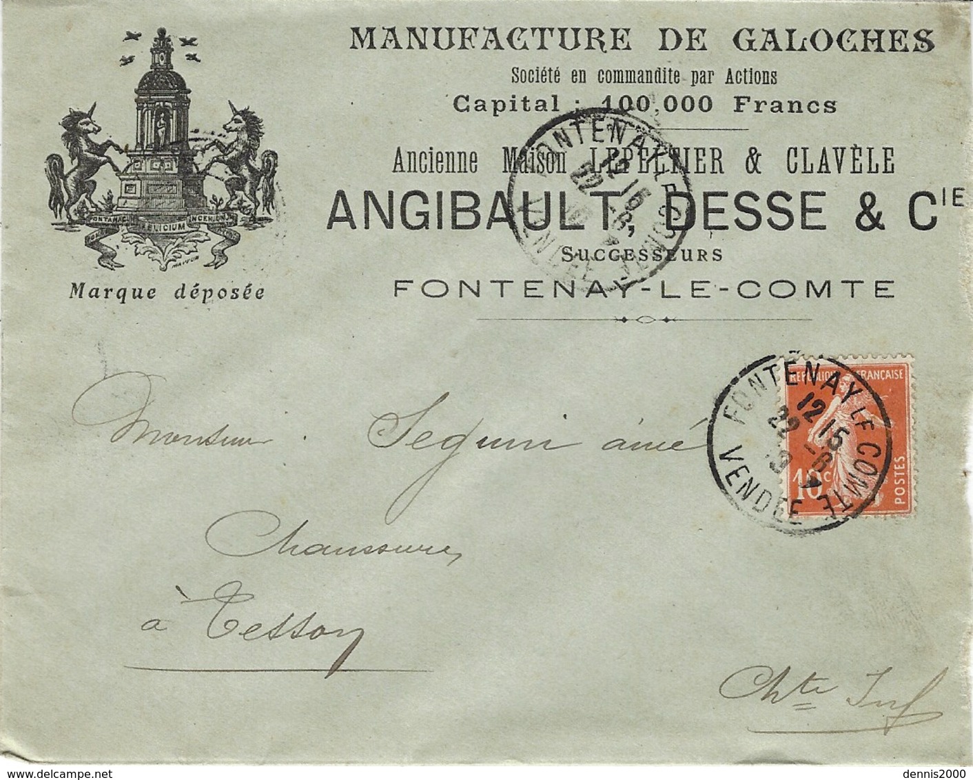 1910- Enveloppe Illustrée à En-tête  Affr. 10 C Semeuse Oblit. FONTENAY Le COMTE / VENDEE - 1877-1920: Periodo Semi Moderno