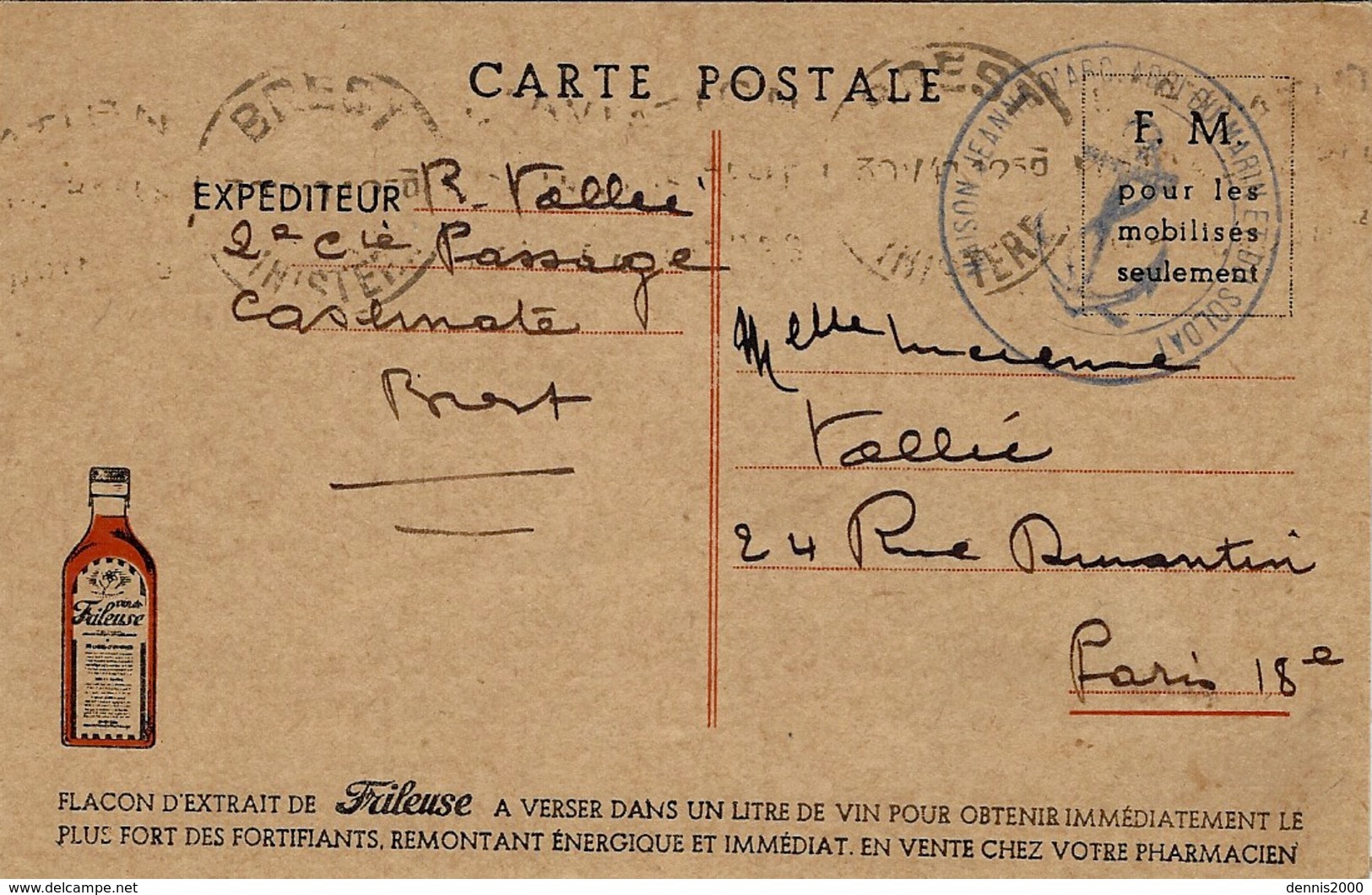 1940- C P F M  Illustrée D'une PUB Pour " La Frileuse"  Flacon à Verser Dans 1 Litre De Vin !!! - Storia Postale