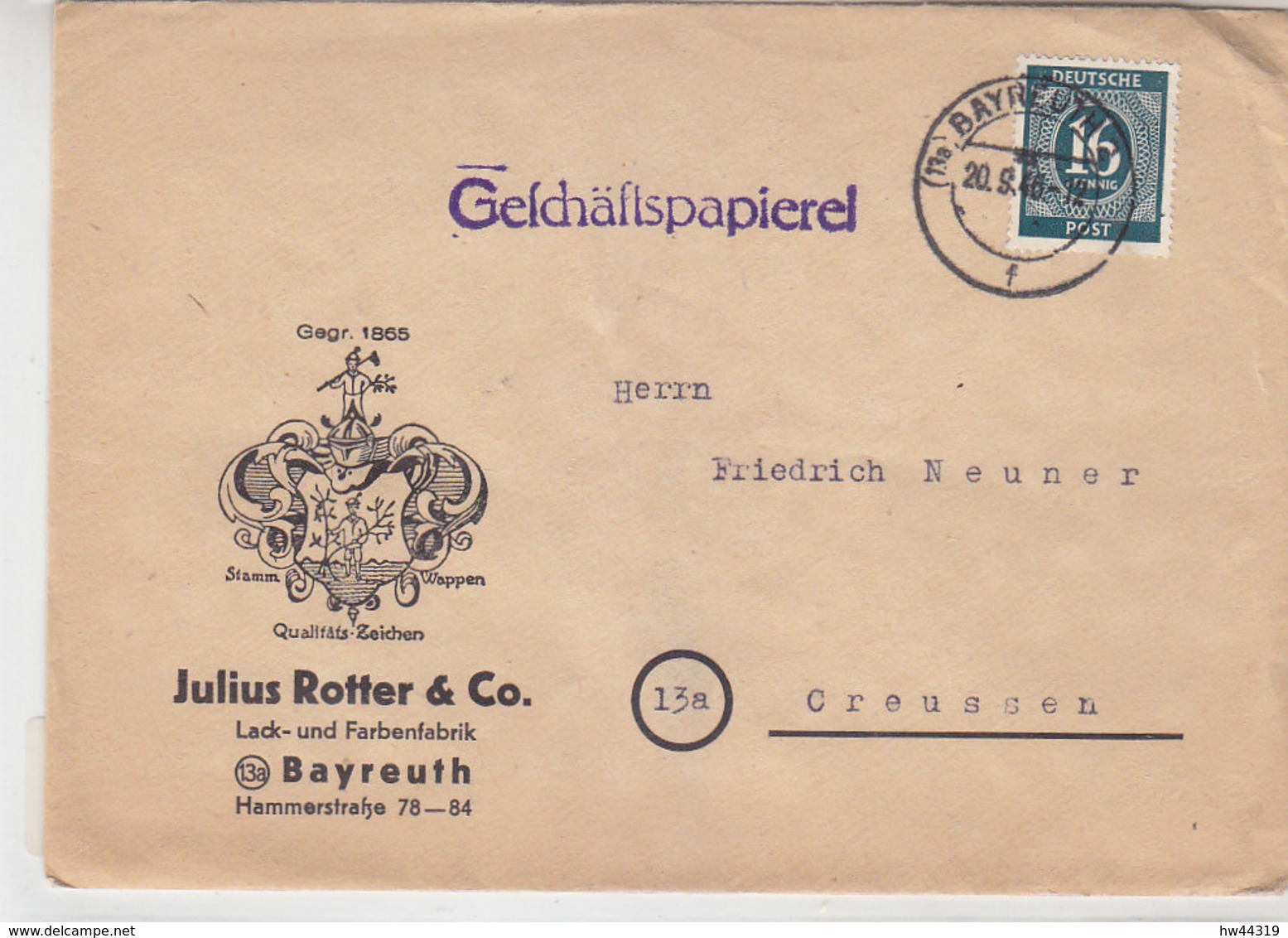 Brief Von ROTTER & CO Aus (13b) BAYREUTH 20.9.46 Nach Creussen - Altri & Non Classificati