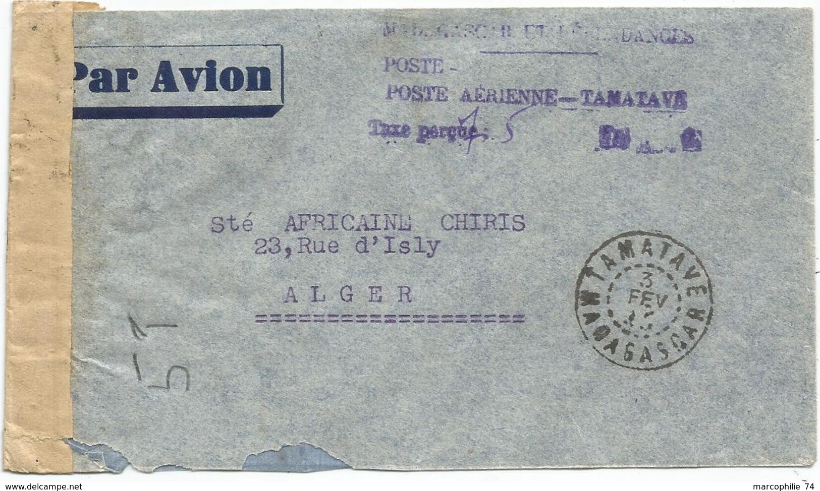 MADAGASCAR LETTRE AVION GRIFFE POSTE AERIENNE 7.50 MANUSCRIT TAXE PERCUE OBL TAMATAVE 1945 + CENSURE POUR ALGER - Storia Postale