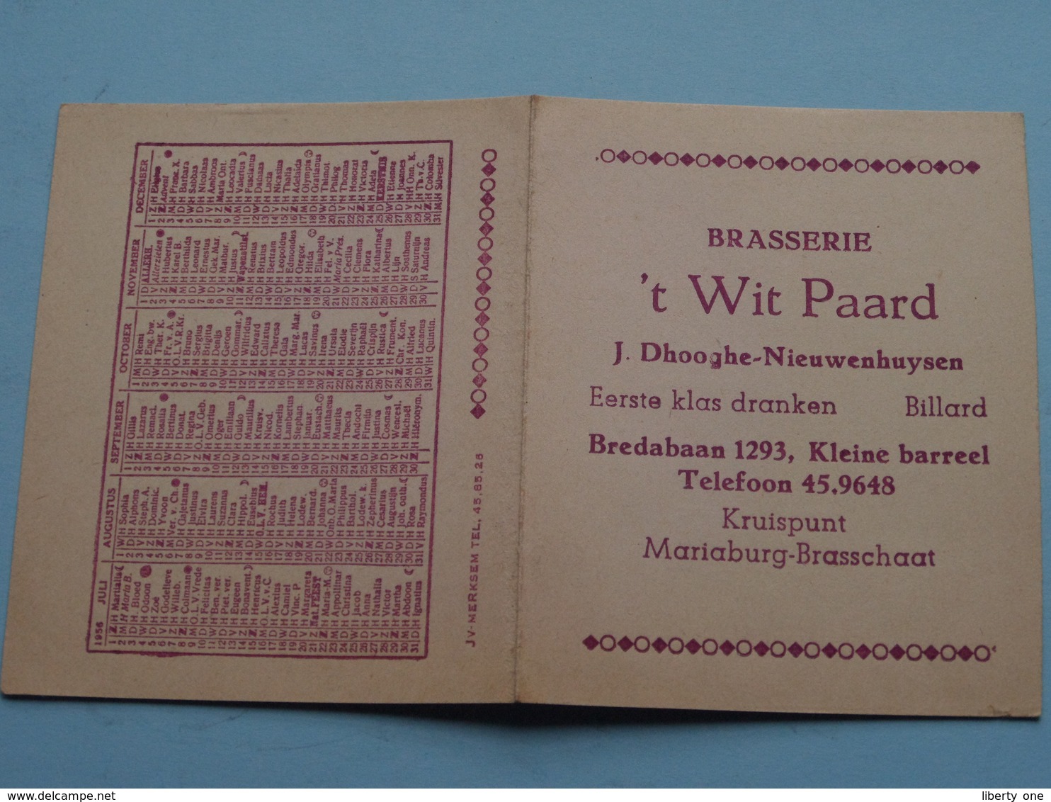 Brasserie 'T WIT PAARD > J. Dhooghe-Nieuwenhuysen ( Kalender 1956 ) KLEINE BARREEL ( Zie Foto's ) ! - Petit Format : 1941-60