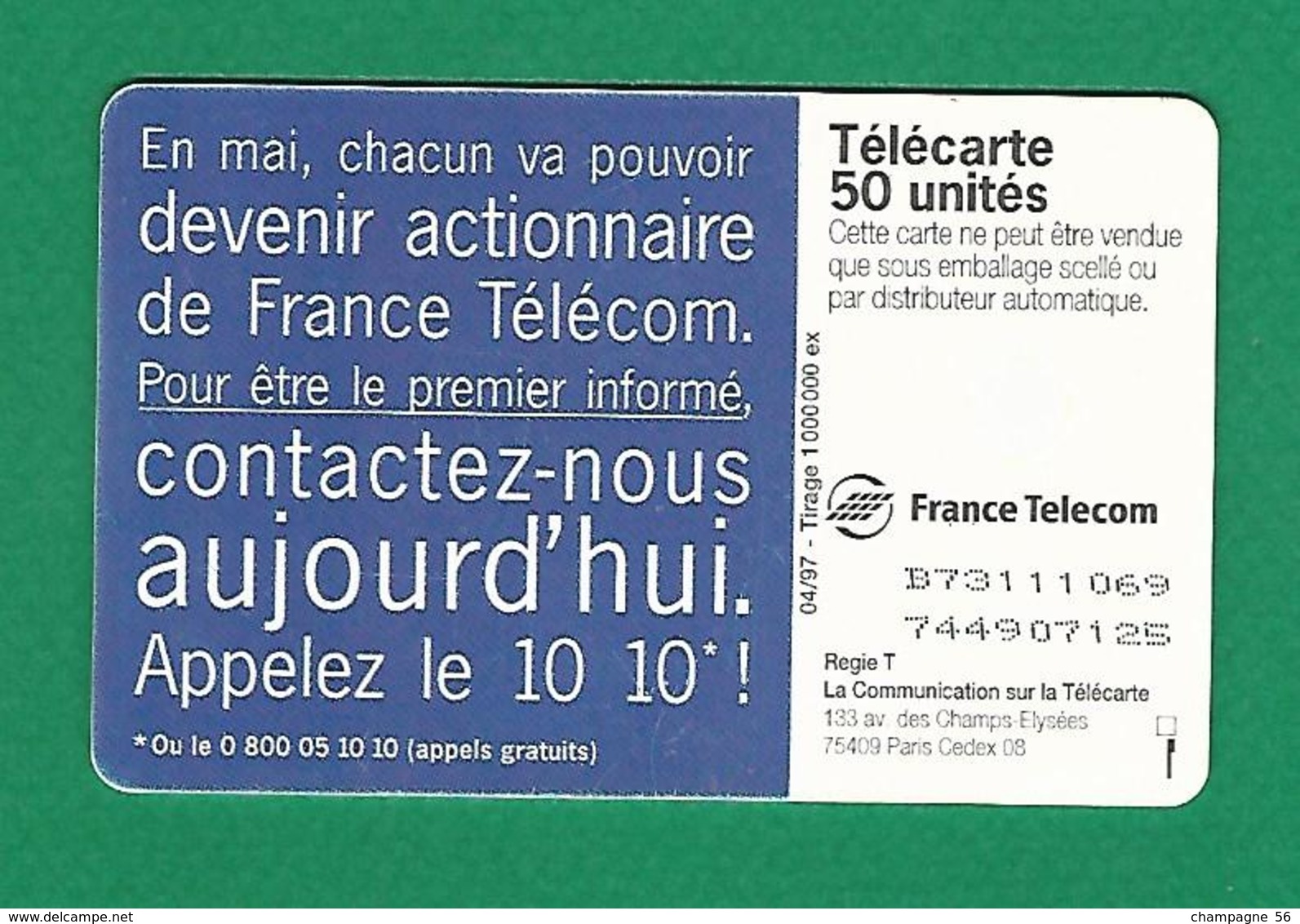 VARIÉTÉS 04 / 1997  ACTIONNAIRE DE FRANCE TELECOM   PUCE GEM1B   50 UNITÉS - Variétés