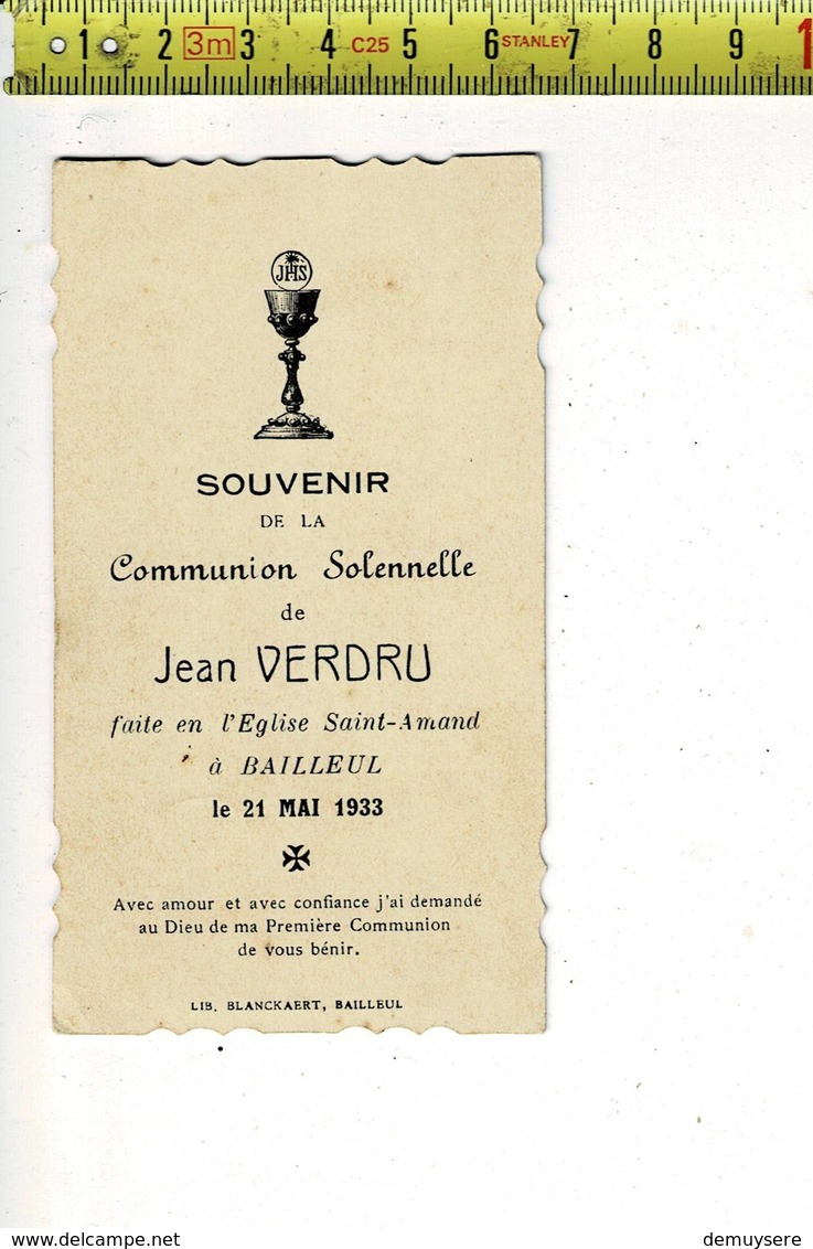 Kl 3721 - SOUVENIR DE LA COMMUNION SOLENNELLE DE JEAN VERDRU A BAILLEUL 1933 - Devotion Images