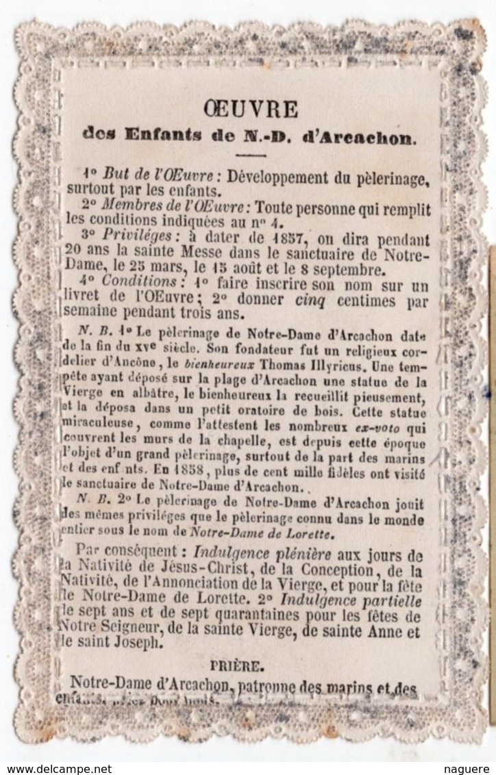 NOTRE DAME D ARCACHON  PATRONNE DES ENFANTS PRIEZ POUR NOUS   CANIVET XIXéme - Images Religieuses