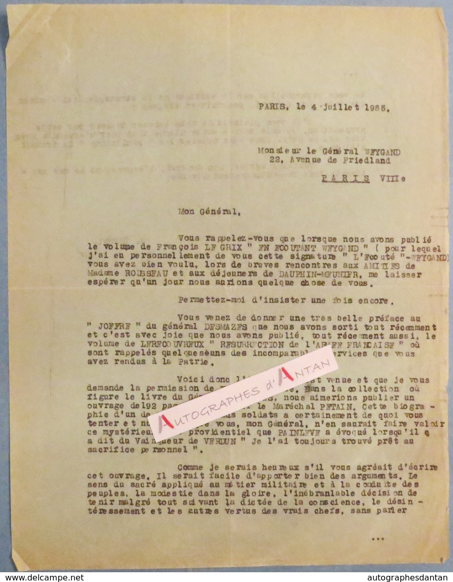 L.A.S 1955 Général WEYGAND Aix Les Bains - Joffre - Général Desmazes Maréchal Pétain Héring - Lettre Autographe - Altri & Non Classificati