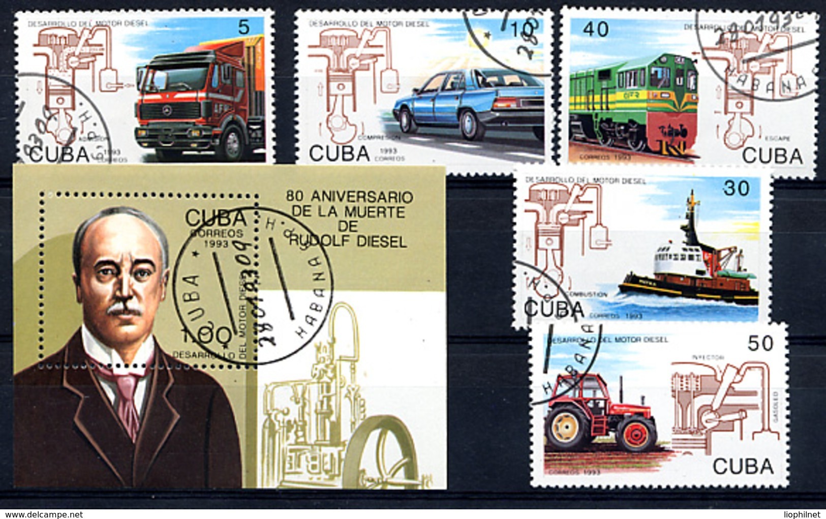 CUBA 1993, RUDOLF DIESEL, TRANSPORTS Auto Camion Train Tracteur Bateau, 5 Valeurs Et 1 Bloc,  Oblitérés / Used. R524 - Autres (Terre)