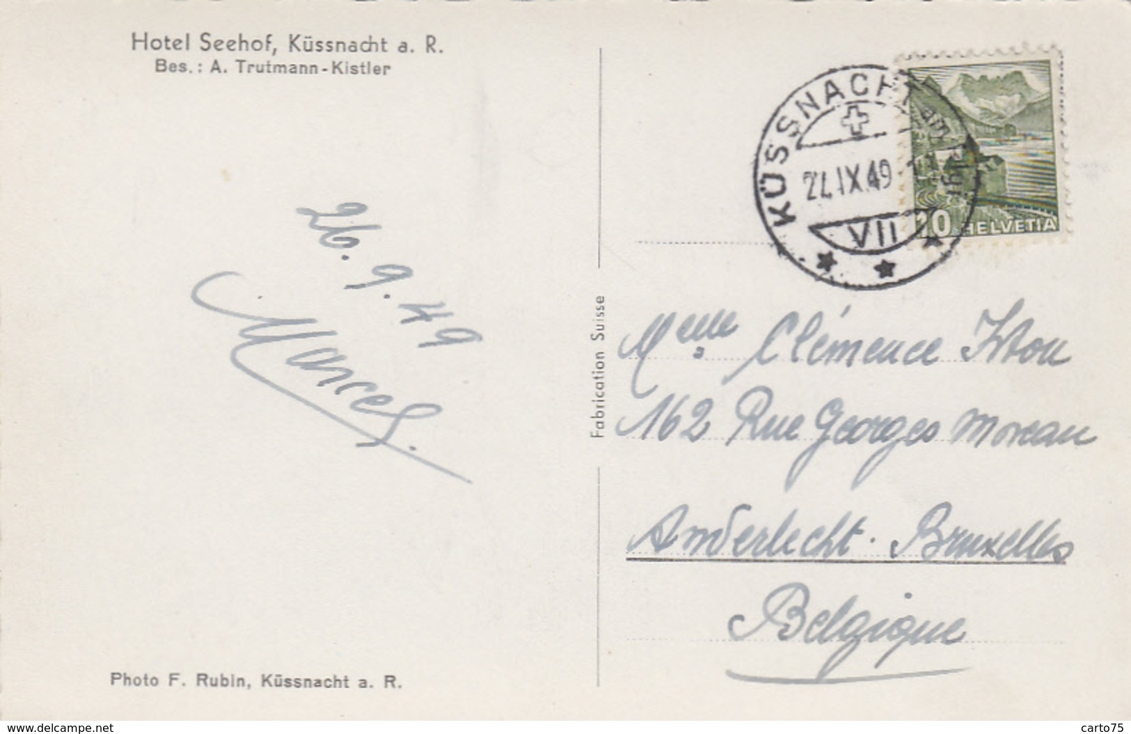 Suisse - Küssnacht A. R. Hotel Seehof - Postmarked 1949 - Küssnacht