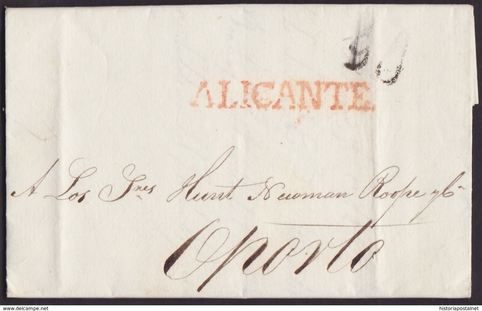 1824. ALICANTE A OPORTO. MARCA LINEAL ALICANTE EN ROJO. PORTEO 90 REIS. MUY BONITA CARTA COMPLETA. - ...-1853 Prephilately