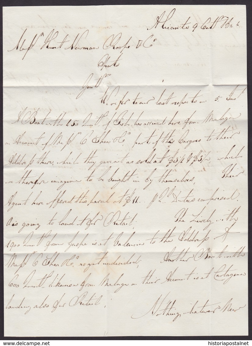 1824. ALICANTE A OPORTO. MARCA LINEAL ALICANTE EN ROJO. PORTEO 90 REIS. MUY BONITA CARTA COMPLETA. - ...-1853 Préphilatélie