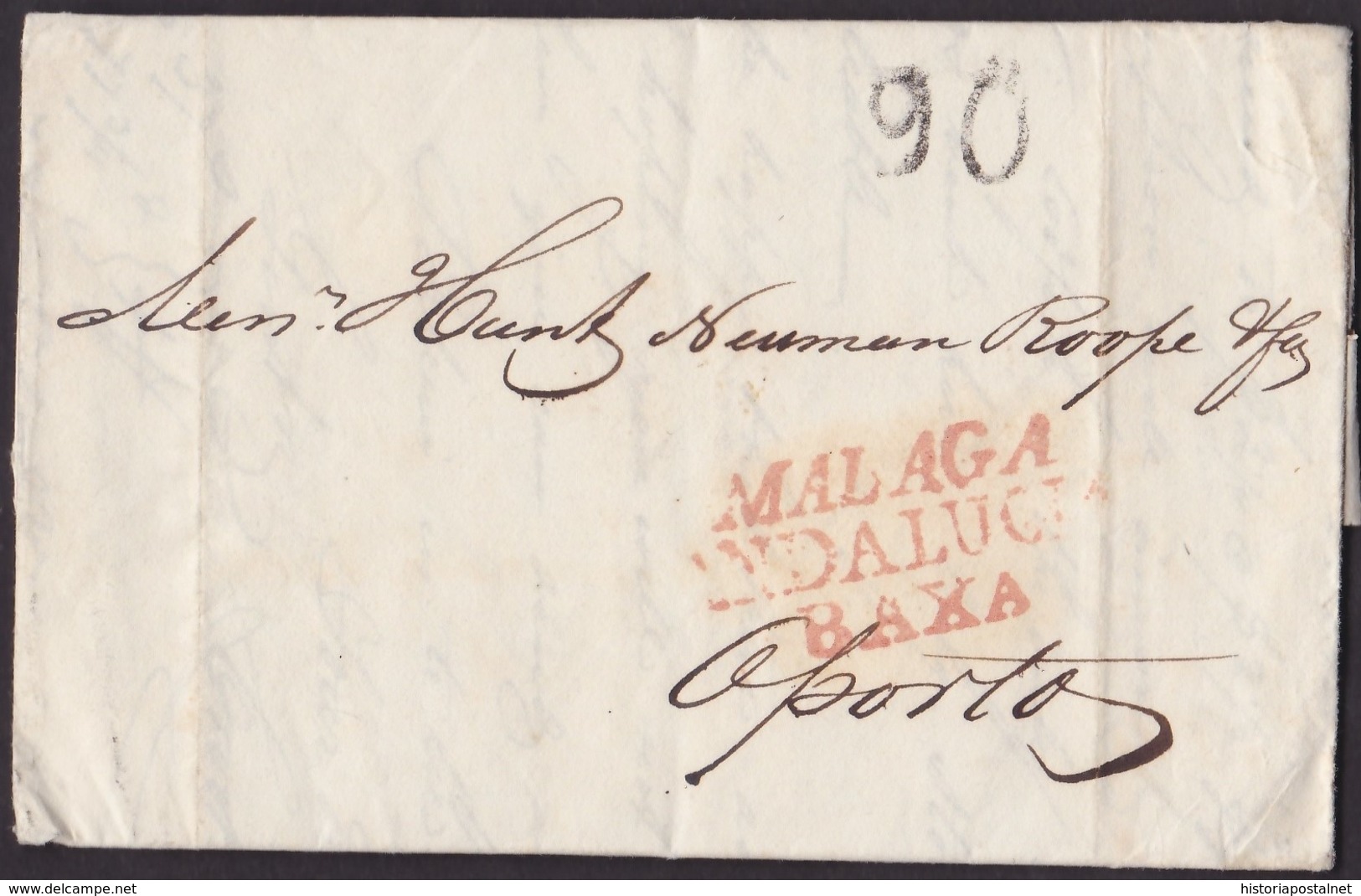 1824. MÁLAGA A OPORTO. MARCA MALAGA/ANDALUCIA/BAXA EN ROJO ACEITOSO. PORTEO 90 REIS. MUY BONITA CARTA COMPLETA. - ...-1853 Préphilatélie