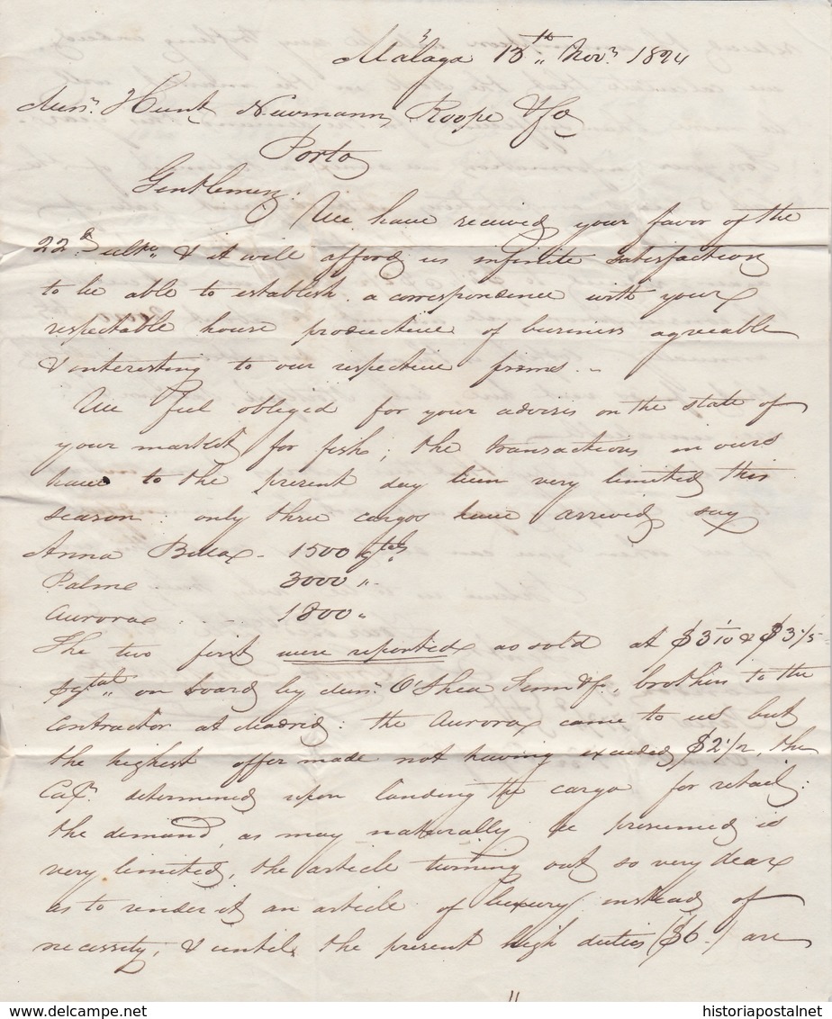 1824. MÁLAGA A OPORTO. MARCA MALAGA/ANDALUCIA/BAXA EN ROJO ACEITOSO. PORTEO 90 REIS. MUY BONITA CARTA COMPLETA. - ...-1853 Préphilatélie