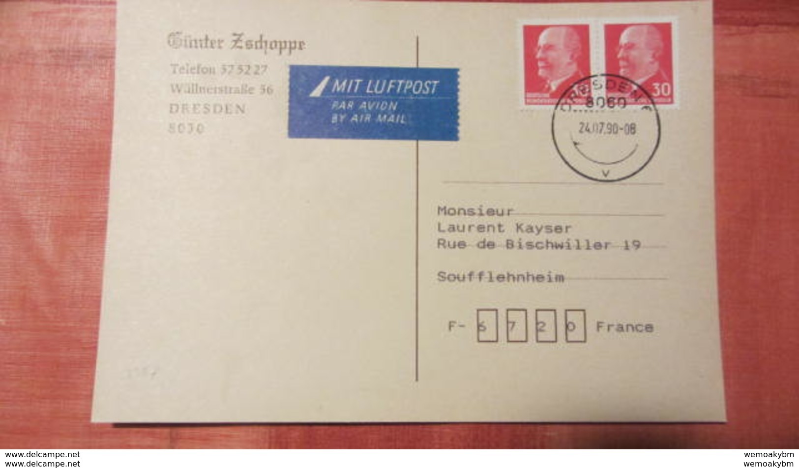 DDR-WU: Ausl.-Lp-Karte Mit 30 Pf Ulbricht Mit Wasser-Z. Y In Spätverwendung Nach Frankreich Vom 24.7.90 Knr: 935 Y(2) - Airmail