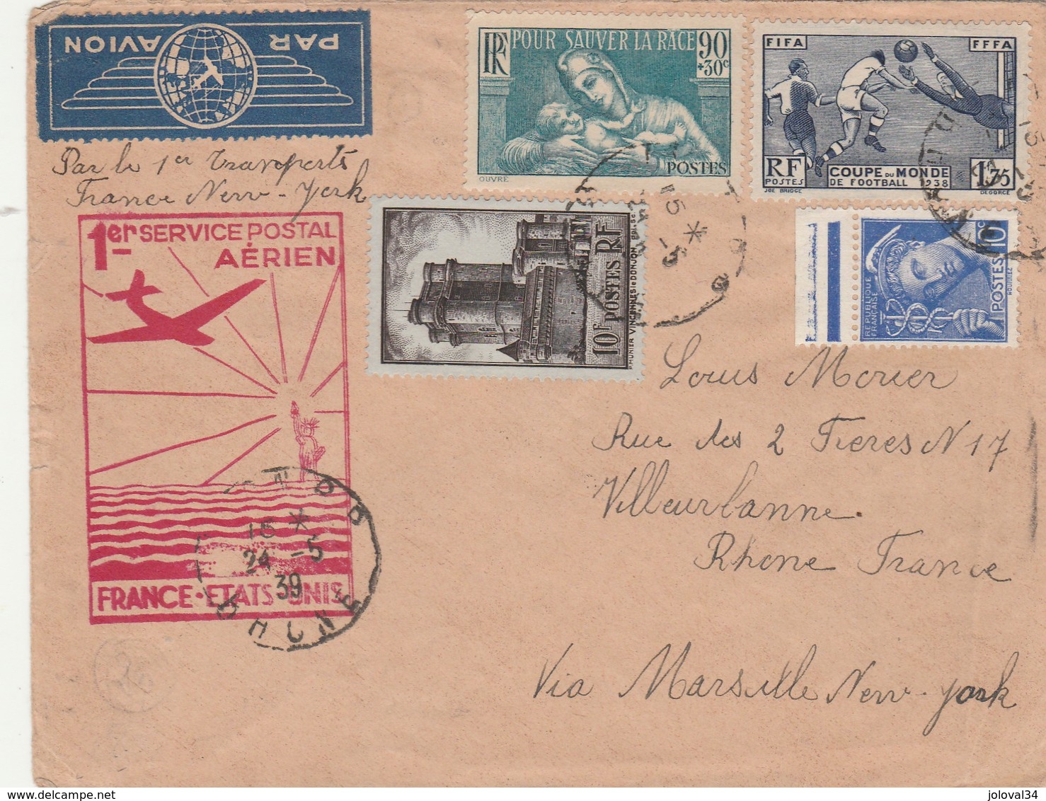 Poste Aérienne 1 Er Service Postal Aérien France Etats Unis 24/5/1939 Lyon Villeurbanne Via Marseille New York - 1927-1959 Lettres & Documents