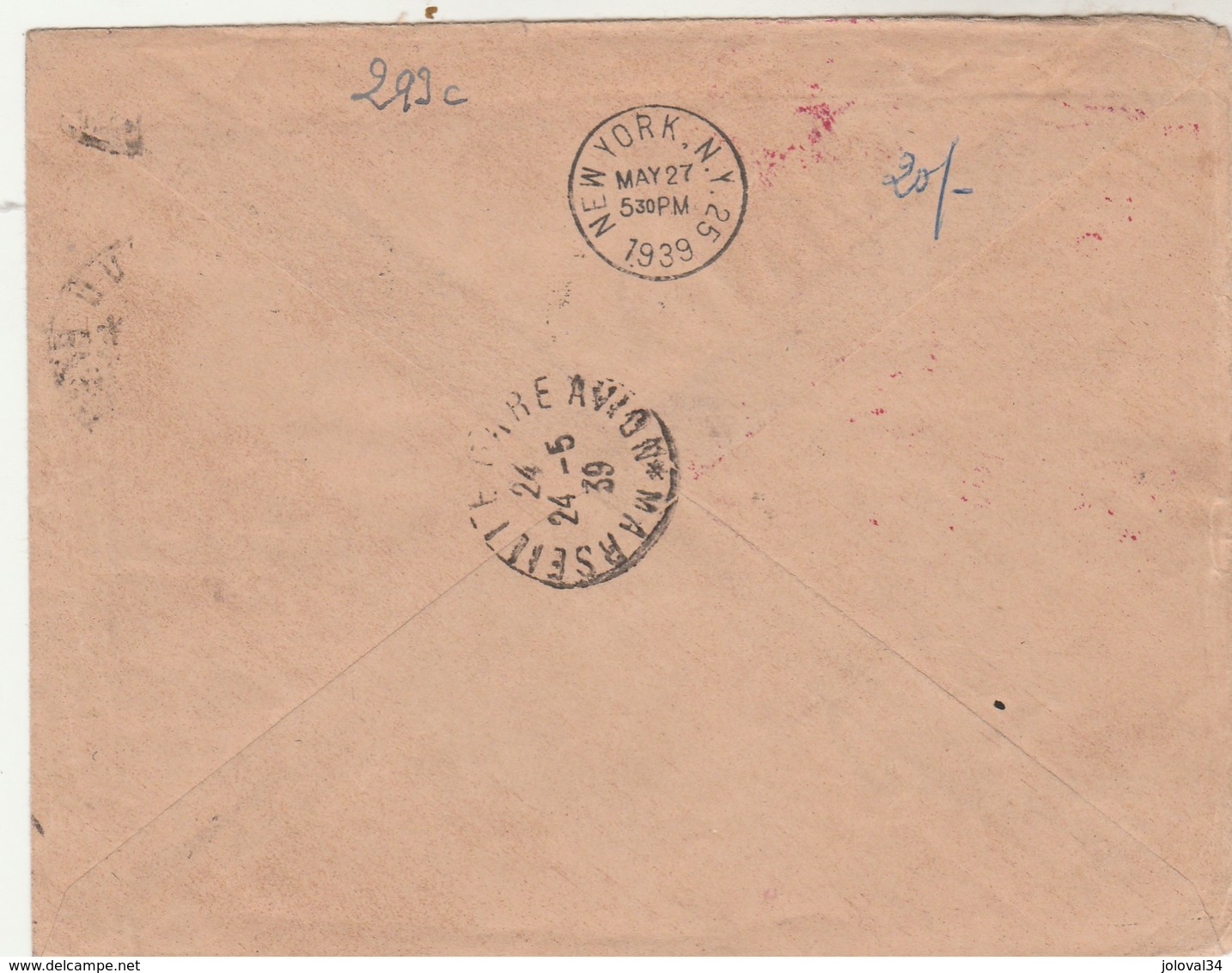 Poste Aérienne 1 Er Service Postal Aérien France Etats Unis 24/5/1939 Lyon Villeurbanne Via Marseille New York - 1927-1959 Lettres & Documents