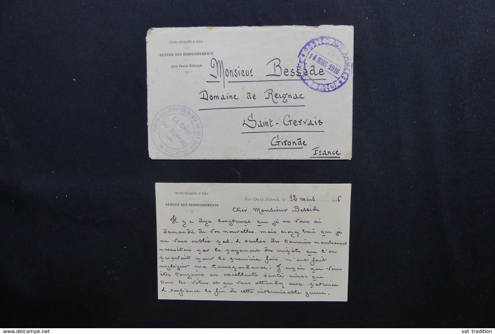 MAROC - Enveloppe + Contenu Du Service Des Renseignements De Dar Ould Zidouh Pour La France En 1916 -  L 51854 - Lettres & Documents